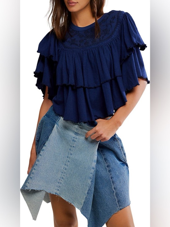 Free People Tops - FREE PEOPLE Rose Party T-Shirt Tiered Ruffle Embroidered in Blue Size M NWT